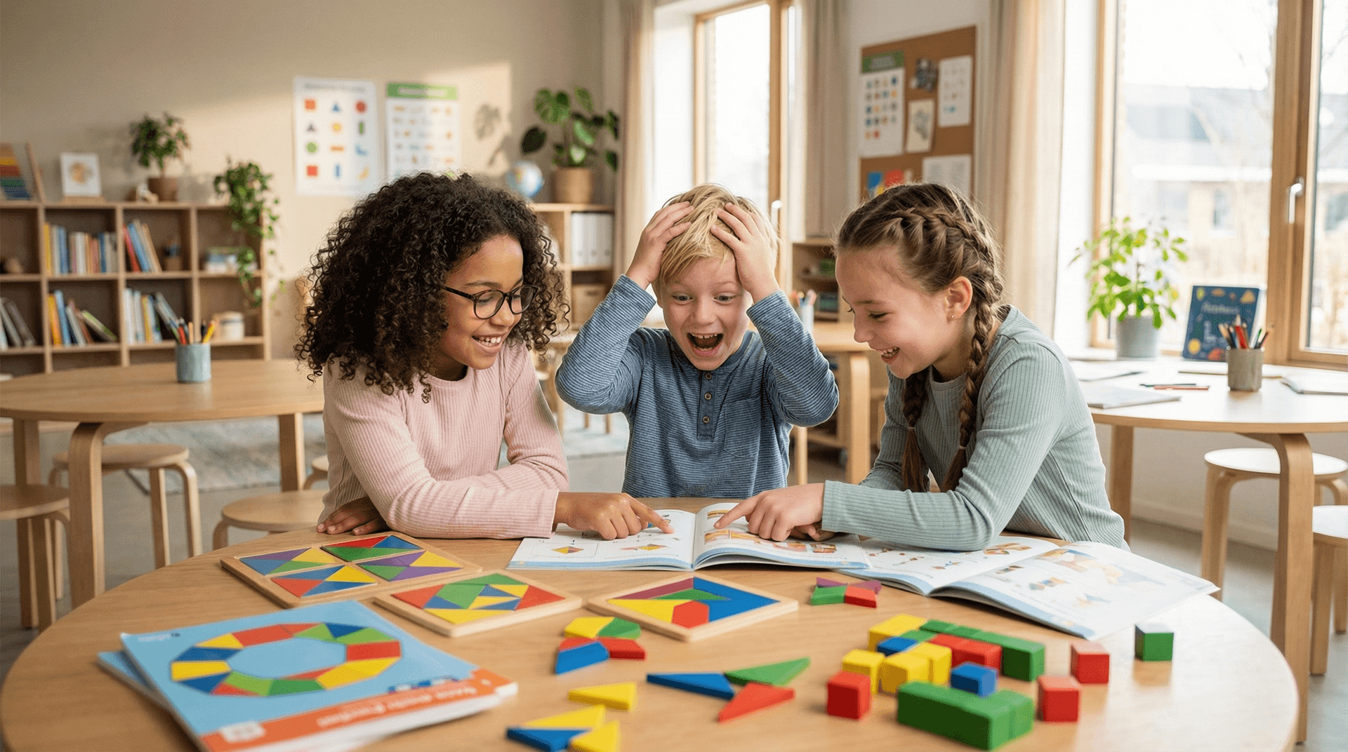 Children solving puzzles and workbooks together, delighted