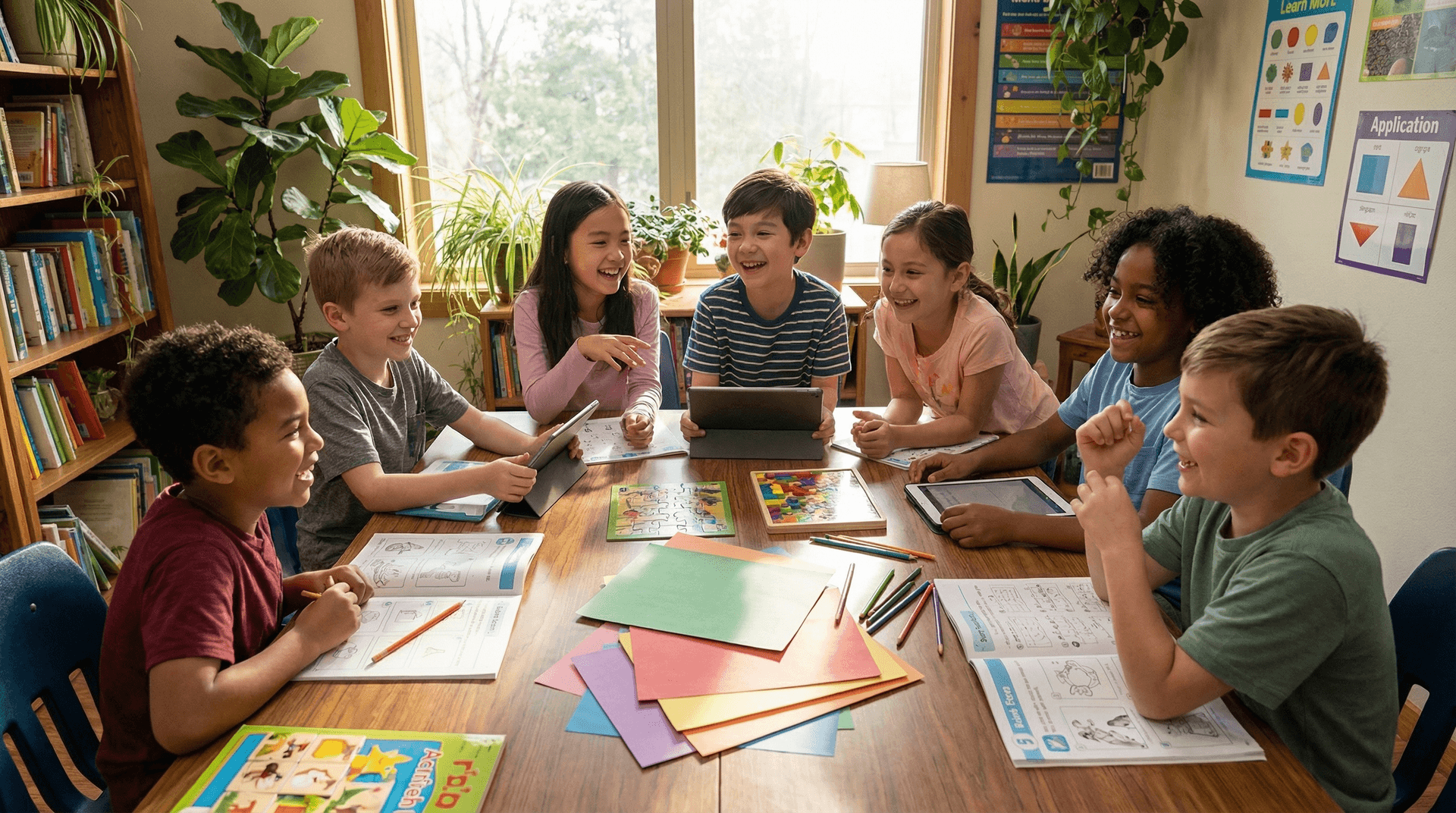 Kids collaborating on critical-thinking workbooks at a table