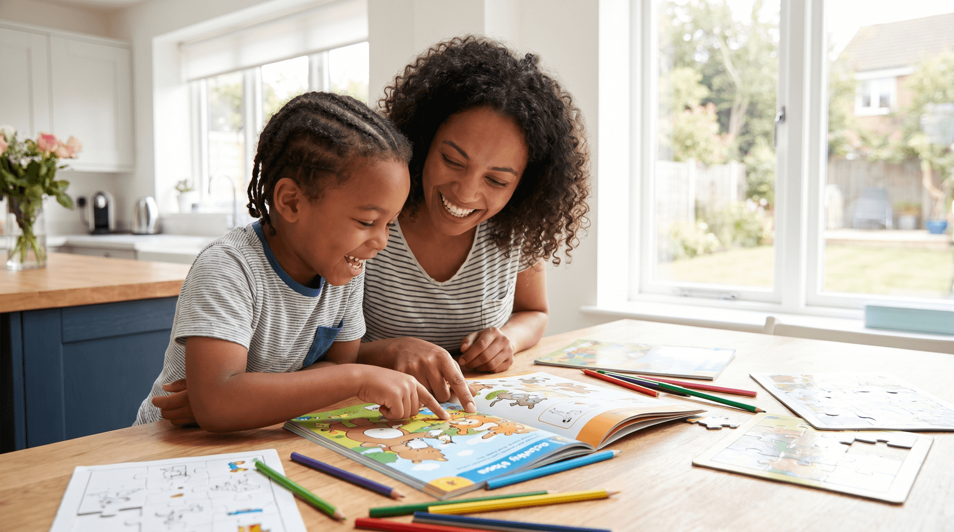 A parent and child doing an activity workbook together at home