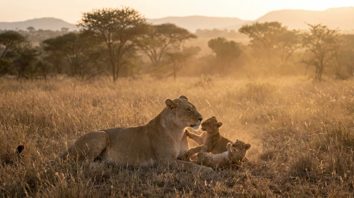 A lioness in golden savanna grass