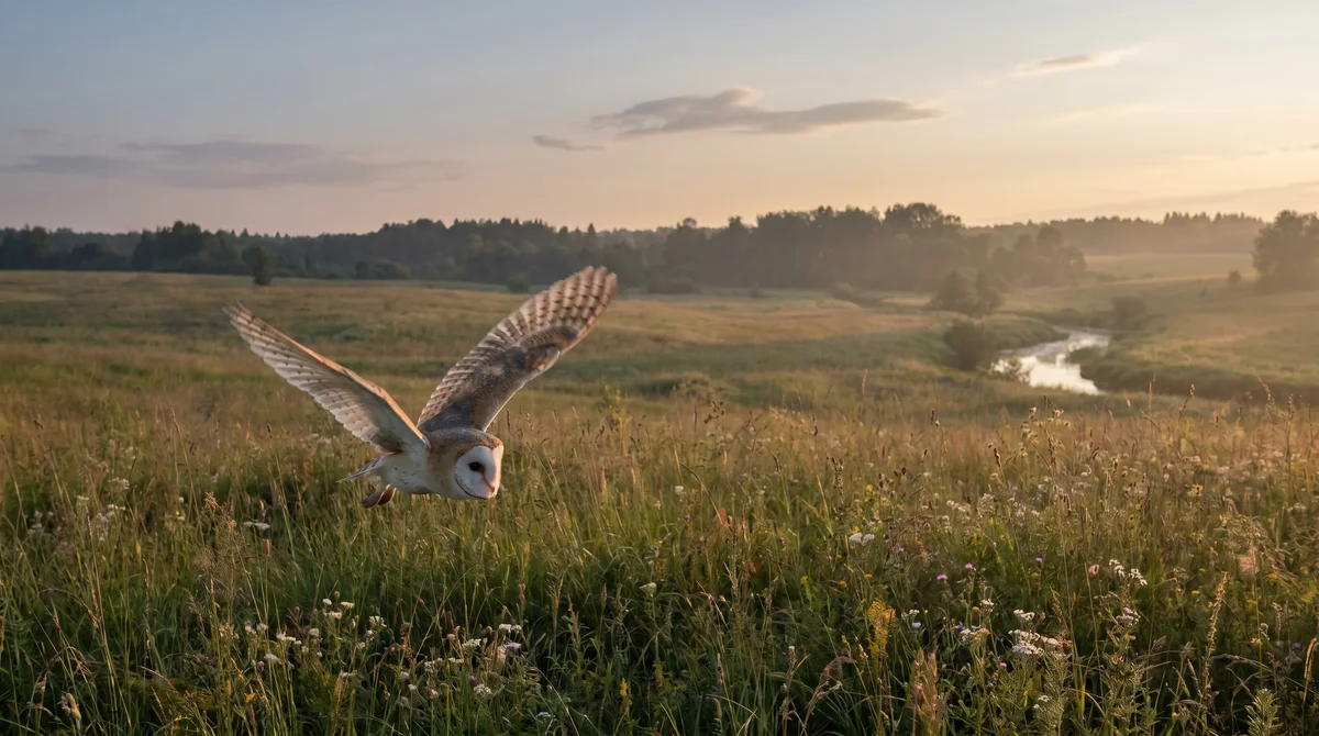 A barn owl flying low at dusk with wings spread