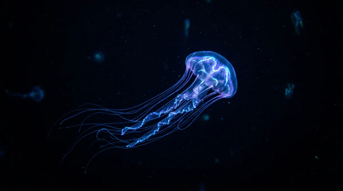 A glowing jellyfish in dark water