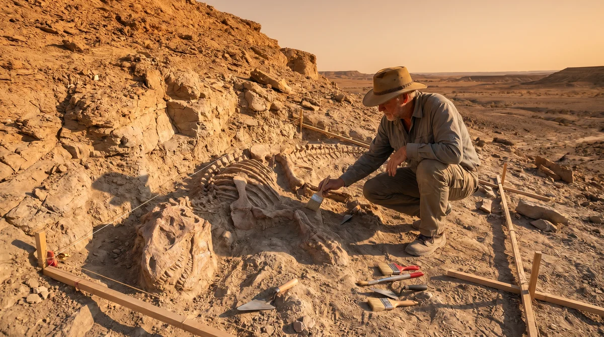 A palaeontologist carefully excavating a dinosaur fossil at a dig site