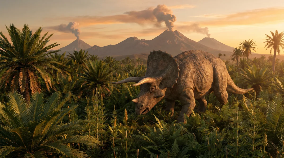 A Triceratops in a prehistoric landscape at golden hour