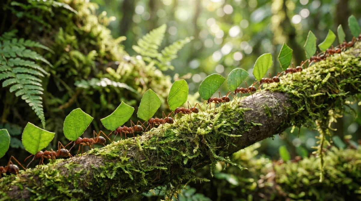 Leafcutter ants carrying green leaf pieces along a branch
