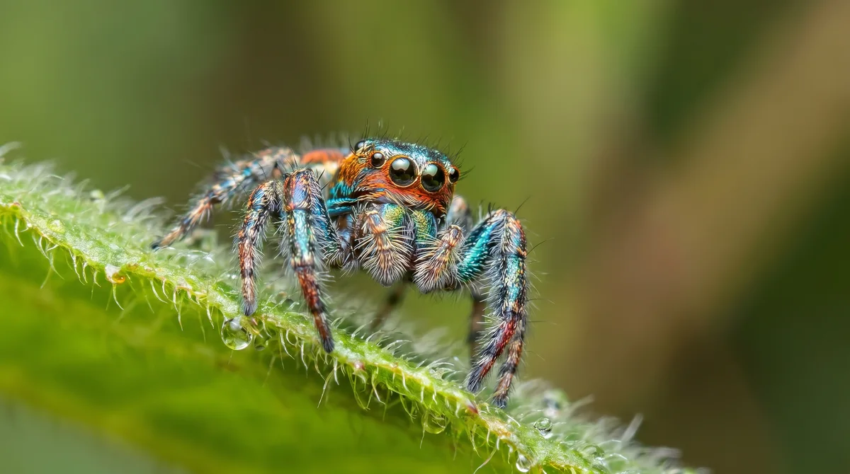 A jumping spider seen up close through a macro lens