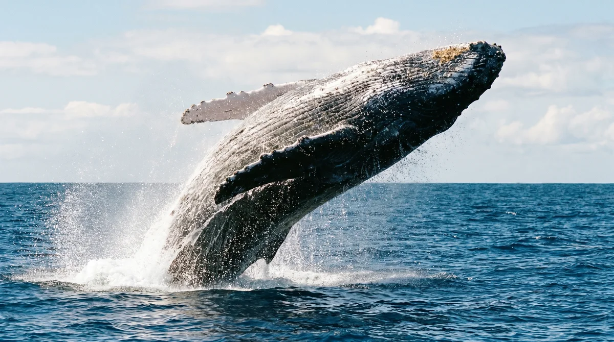 A humpback whale breaching out of the ocean