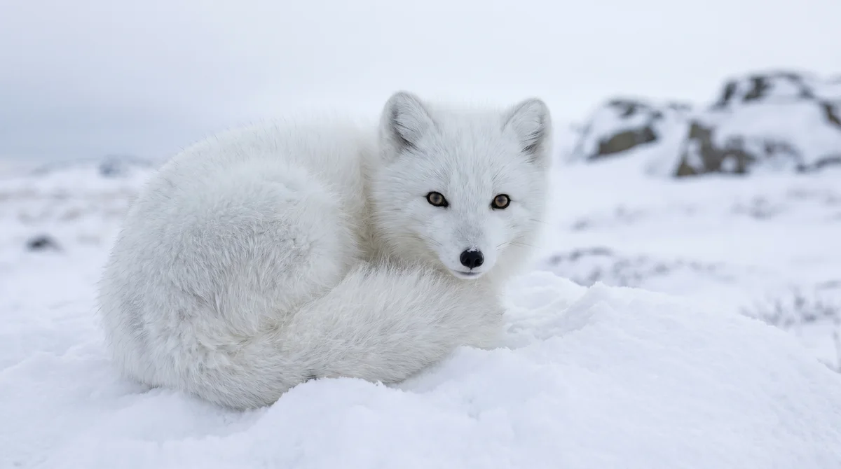 An Arctic fox in white winter coat on snow
