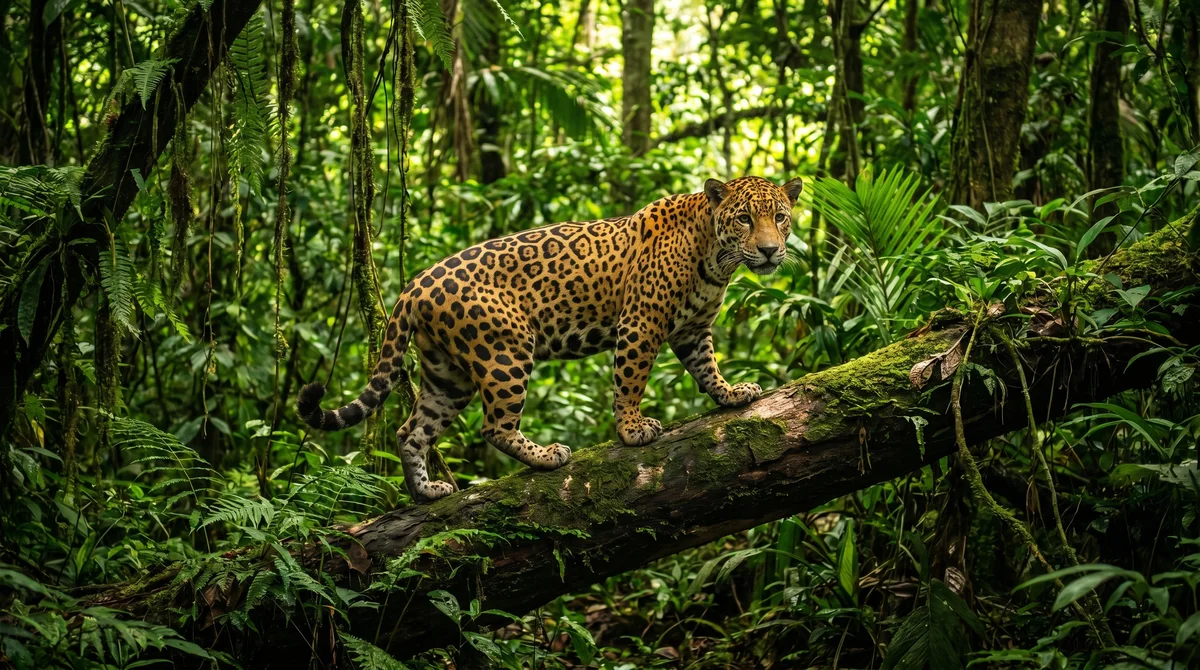 A jaguar standing on a log in the rainforest