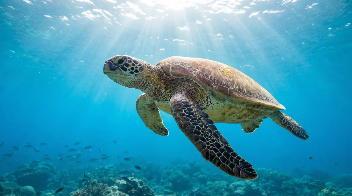 A green sea turtle gliding through clear blue ocean