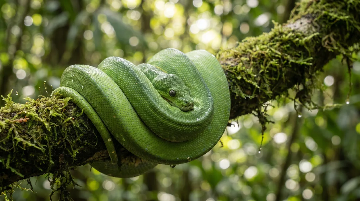A harmless green snake coiled calmly on a mossy branch
