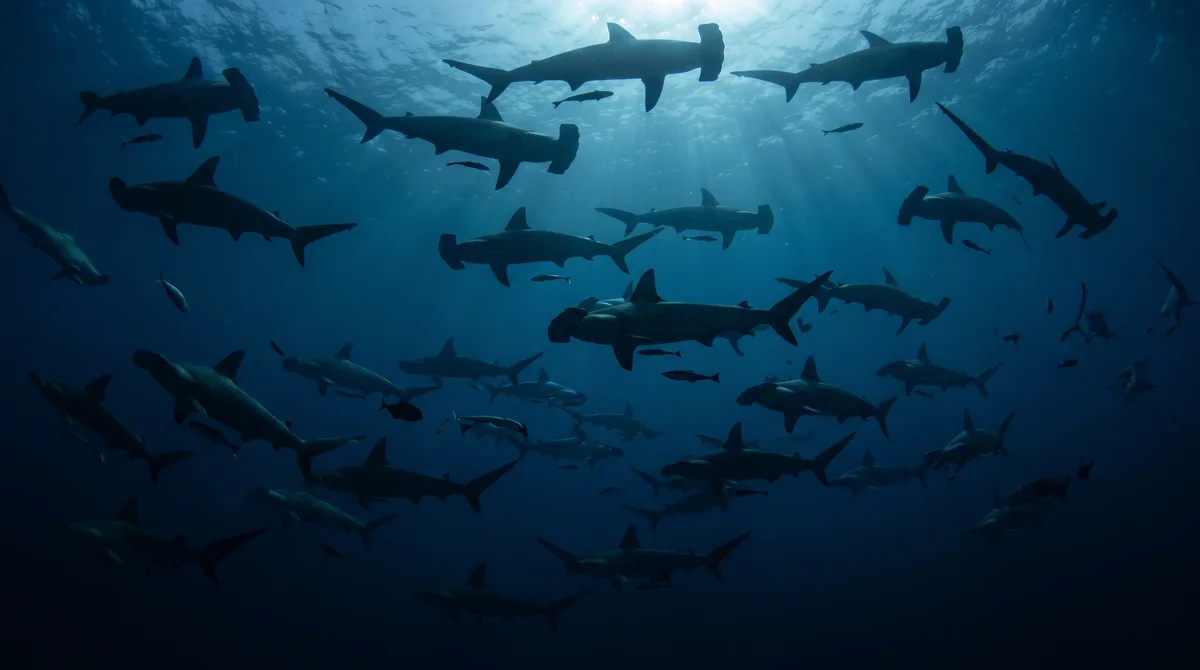 A school of hammerhead sharks swimming together in deep blue ocean